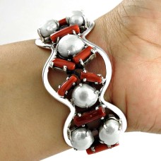 Fabulous ! Pearl Red Coral 925 Sterling Silver Bangle