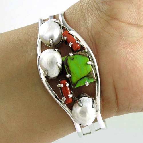 Stylish Design ! Pearl, Coral, Green Copper Turquoise 925 Sterling Silver Bangle