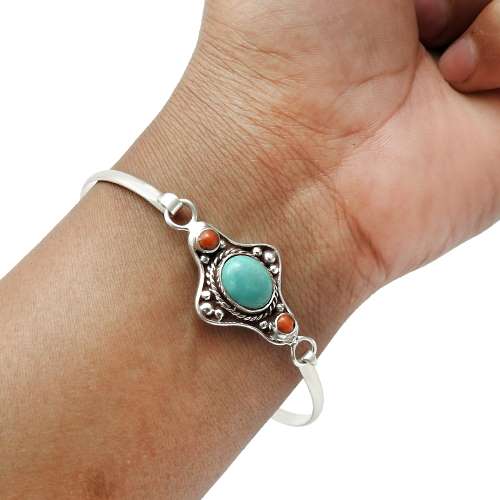 Birthday Gift 925 Sterling Silver Jewelry Turquoise Coral Gemstone Boho Bangle A1