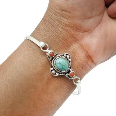 Turquoise Coral Gemstone Ethnic Bangle 925 Sterling Silver Jewelry C1