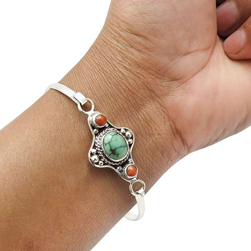 925 Sterling Silver Jewelry Turquoise Coral Gemstone Tribal Bangle D1
