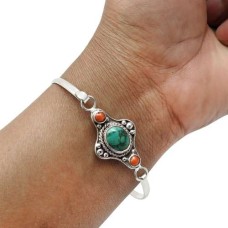 Turquoise Coral Gemstone Jewelry 925 Fine Sterling Silver Boho Bangle E1