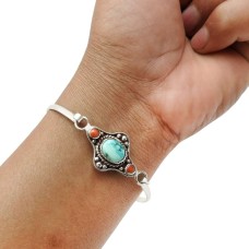 Turquoise Coral Gemstone Bohemian Bangle 925 Sterling Silver Jewelry F1