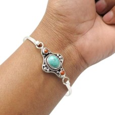 925 Sterling Fine Silver Jewelry Turquoise Coral Gemstone Ethnic Bangle G1