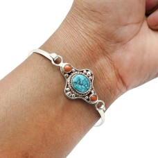 Turquoise Coral Gemstone Tribal Bangle 925 Sterling Silver Jewelry H1