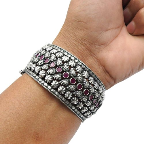 Ruby Gemstone Antique Look Bangle 925 Sterling Silver Jewelry N1