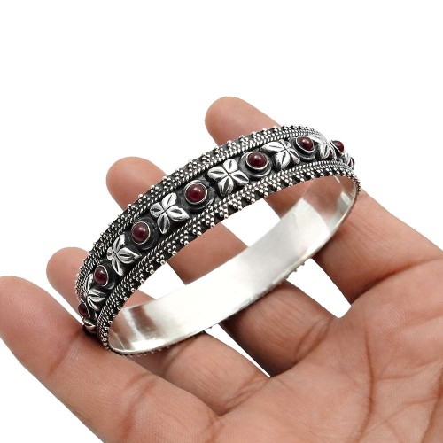 Ruby Gemstone Jewelry 925 Fine Sterling Silver Antique Look Bangle T1