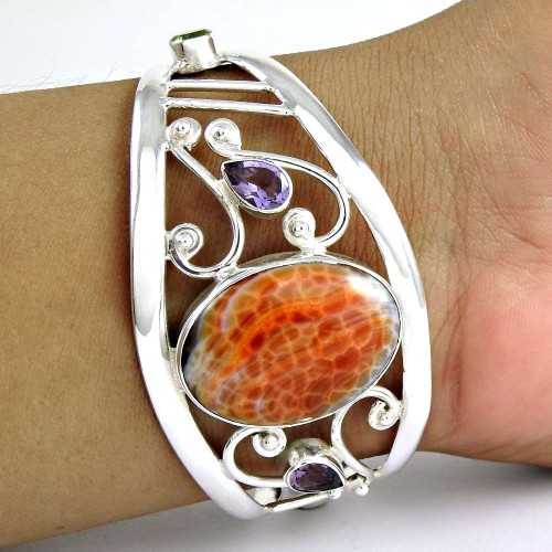 Passion Orange Mexican Fire Agate, Amethyst Gemstone Sterling Silver Bangle Jewellery
