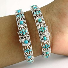 Breath of Love 925 Sterling Silver Turquoise CZ Gemstone Ethnic Bangle