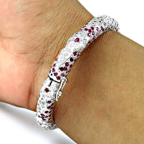 Abstract! Ruby, White CZ 925 Sterling Silver Bangle