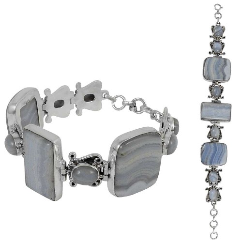 Handcrafted Blue Lace Agate Gemstone Sterling Silver Bracelet Jewelry