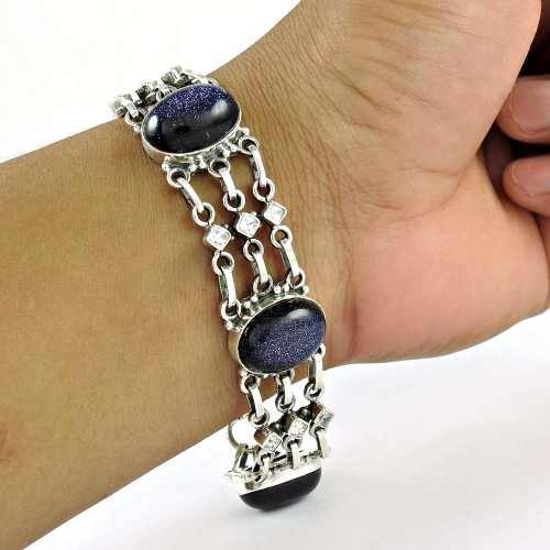 Big Design Blue Sunstone, White CZ Gemstone Sterling Silver Bracelet Jewelry