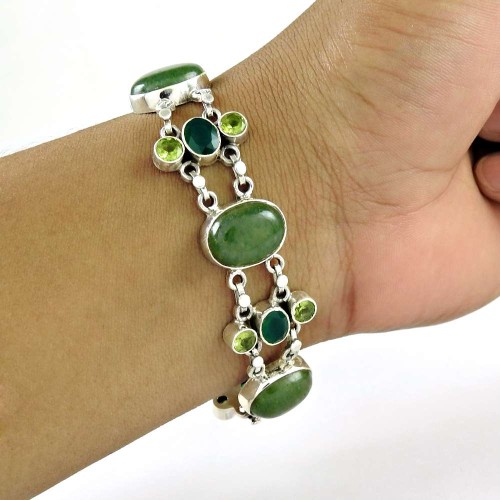 Spectacular Green Aventuriane, Green Onyx, Peridot Gemstone Sterling Silver Bracelet Jewelry
