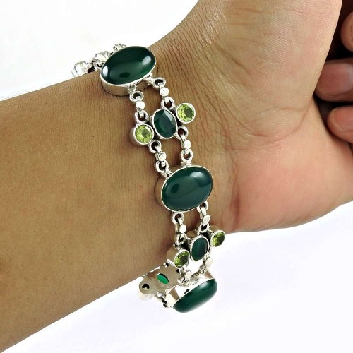 Stunning Green Onyx, Peridot Gemstone Sterling Silver Bracelet Jewelry