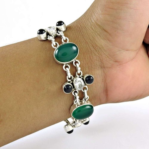 New Faceted !! 925 Sterling Silver Green Onyx, Black Onyx,White CZ Chain Bracelet