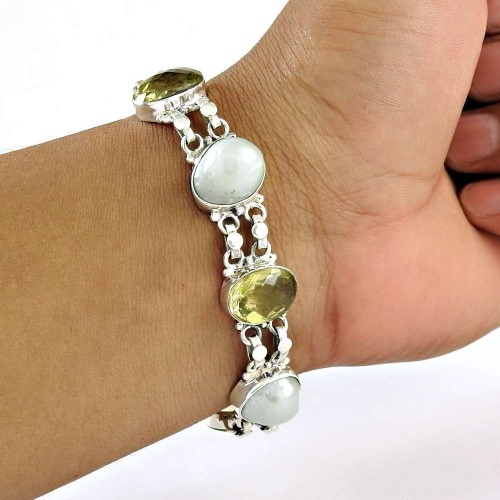 A Secret ! Lemon Quartz, Pearl Gemstone Sterling Silver Bracelet Jewelry
