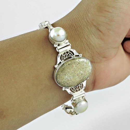 Well-Favoured Fossil Coral, Pearl, Citrine Gemstone Sterling Silver Bracelet 925 Sterling Silver Jewellery