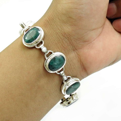Emerald Pearl Gemstone Bracelet 925 Sterling Silver Ethnic Jewelry A3