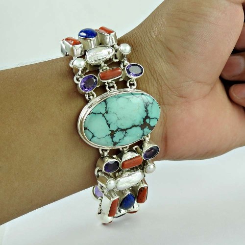Tropical Glow !! 925 Sterling Silver Coral, Turquoise, Lapis, Pearl, Amethyst Bracelet
