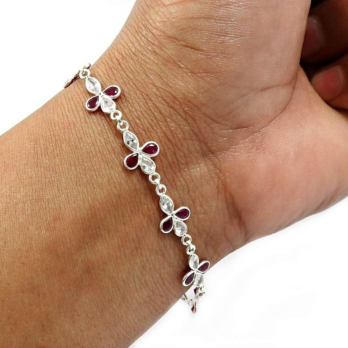 925 Sterling Silver Jewelry Pear Shape Ruby Cz White Gemstone Bracelet H2