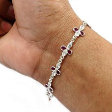 925 Sterling Fine Silver Jewelry Pear Shape Ruby Cz White Gemstone Bracelet I2