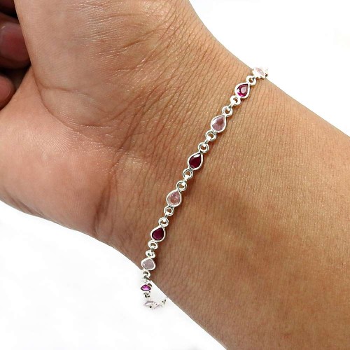 Pear Shape Pink Cz Ruby Gemstone Bracelet 925 Solid Sterling Silver Jewelry W2