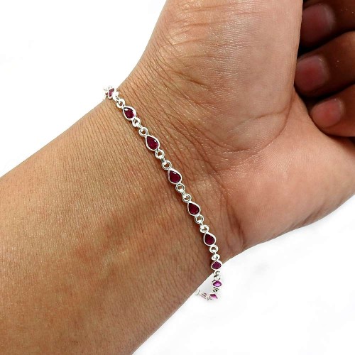 HANDMADE 925 Sterling Silver Jewelry Pear Shape Ruby Cz Gemstone Bracelet D3