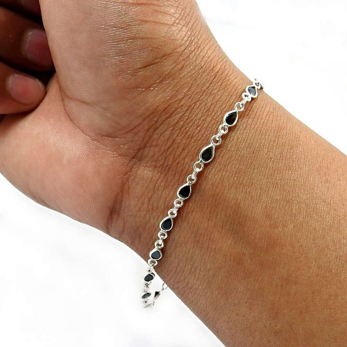 HANDMADE 925 Sterling Silver Jewelry Pear Shape Black Cz Gemstone Bracelet S2
