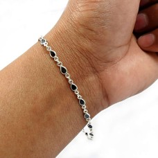 925 Sterling Fine Silver Jewelry Pear Shape Black Cz Gemstone Bracelet T2