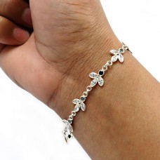 925 Sterling Silver Jewelry Marqoise Shape White Cz Black Gemstone Bracelet Q3