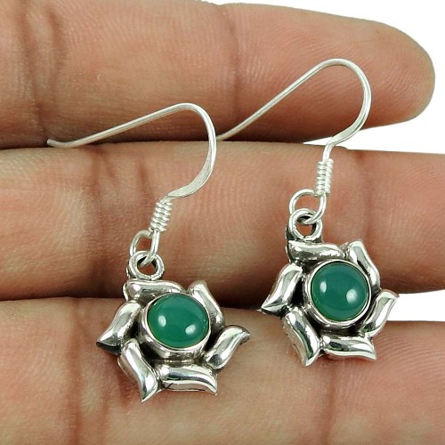 Personable 925 Sterling Silver Green Onyx Gemstone Earrings
