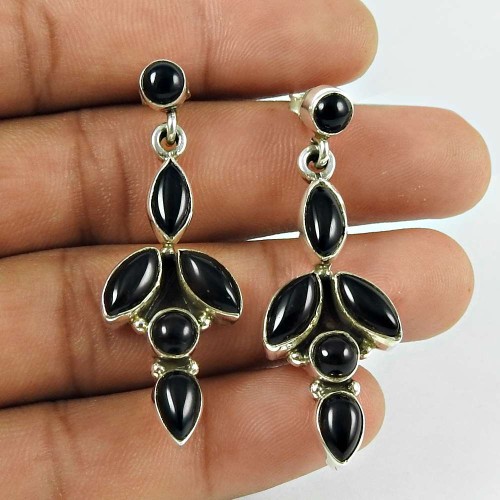 Beautiful Black Onyx Gemstone 925 Sterling Silver Earrings Vintage Jewellery