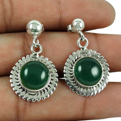 Excellent 925 Sterling Silver Green Onyx Gemstone Earrings
