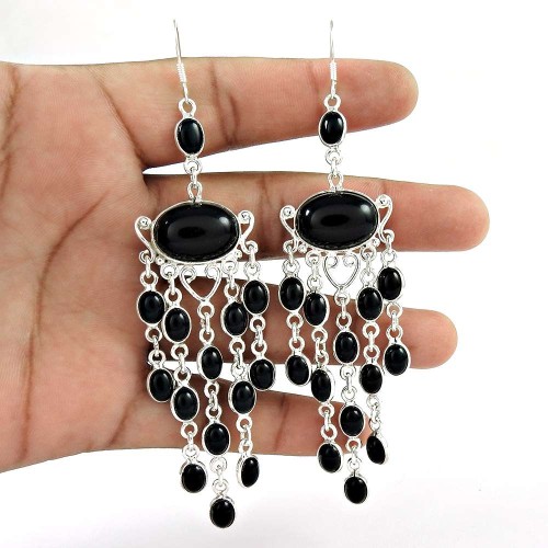 Scenic ! Black Onyx Gemstone Sterling Silver Earrings Jewelry Fabricant