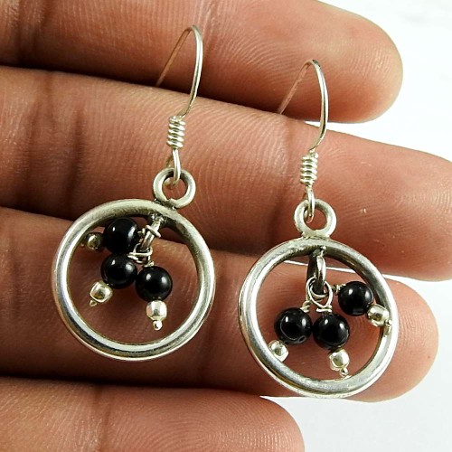 Black Onyx Beaded Gemstone Earrings 925 Sterling Silver Handmade Jewellery