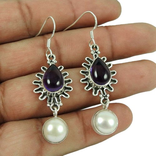 925 Sterling Silver Jewelry Beautiful Amethyst, Pearl Gemstone Earrings