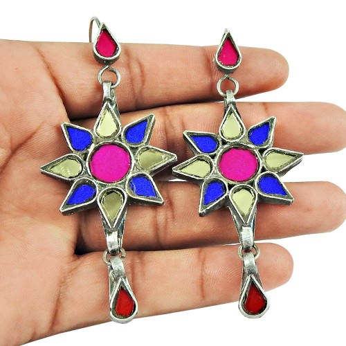 925 Sterling Silver Jewellery Traditional Inlay Dangle Earrings