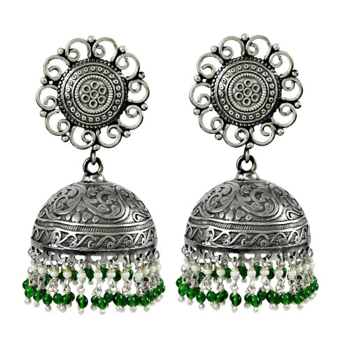 Oxidised Sterling Silver Vintage Jewellery Trendy Pearl, Green Onyx Gemstone Jhumka