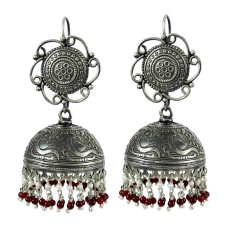 925 Sterling Silver Fashion Jewellery Rare Garnet and Pearl Jhumki