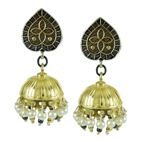 Gold Plated Sterling Silver Handmade Jewellery Traditional Black Onyx and Pearl Jhumki