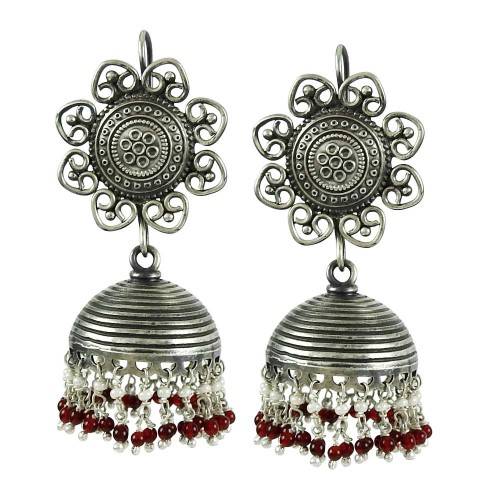 925 Sterling Silver Vintage Jewellery Charming Garnet and Pearl Jhumki