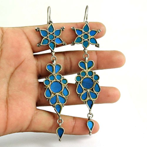 Designer 925 Sterling Silver Antique Glass Earrings Ethnic Fashion Jewellery