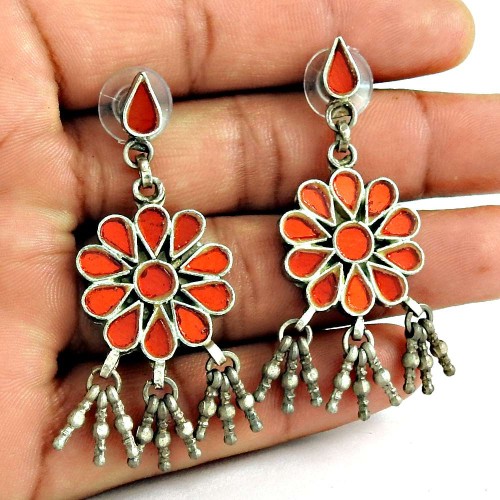 Designer 925 Sterling Silver Antique Glass Earrings Traditional Jewellery
