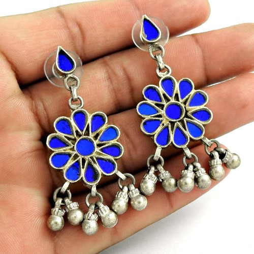 Excellent 925 Sterling Silver Antique Glass Earrings