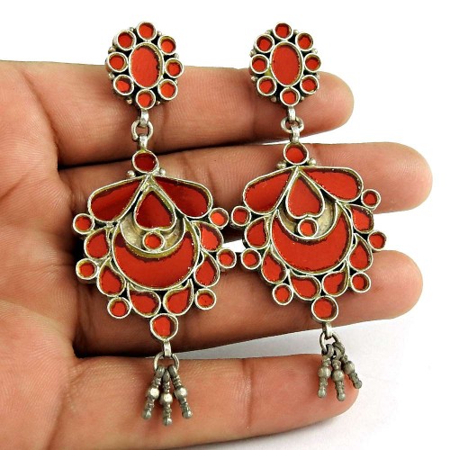 Rare 925 Sterling Silver Antique Glass Earrings Ethnic Jewellery