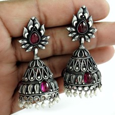 Trendy 925 Oxidized Sterling Silver Pearl Ruby Gemstone Earring Jewelry