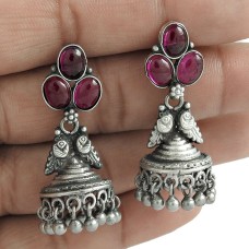 Antique Jhumka Ruby Gemstone Oxidized Sterling Silver Earring Jewelry