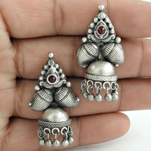 Antique Oxidized Jhumka Ruby Gemstone Sterling Silver Earring Jewelry