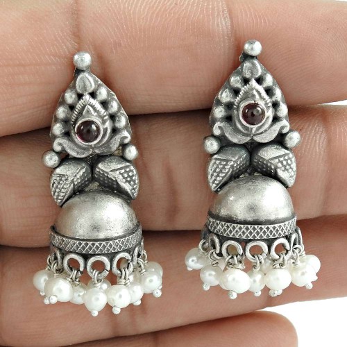 Women Fashion Jhumka Garnet Pearl Gemstone Oxidized Sterling Silver Earring Jewelry