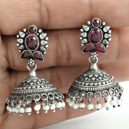 Jhumka Ruby Pearl Gemstone 925 Sterling Silver Earring Handmade Jewelry